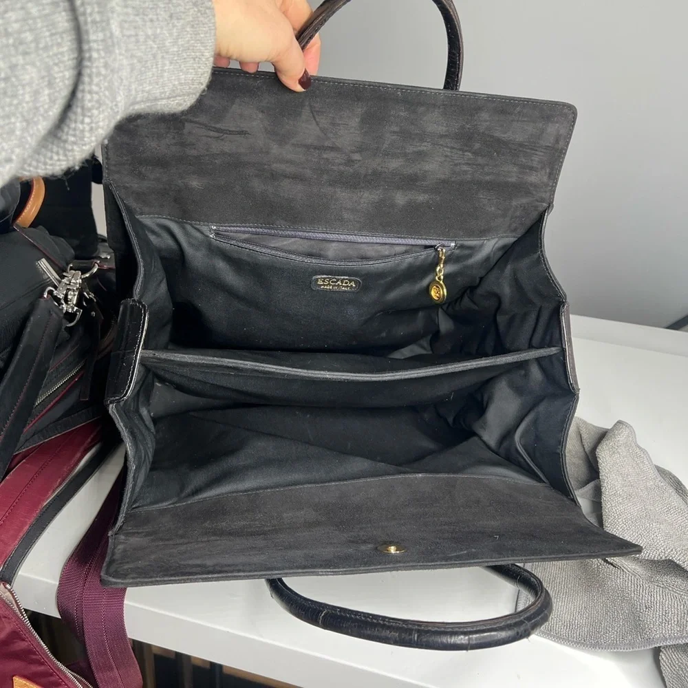 Escada Black Croc Embossed Leather Suede Pocket Structured Satchel Tote Bag